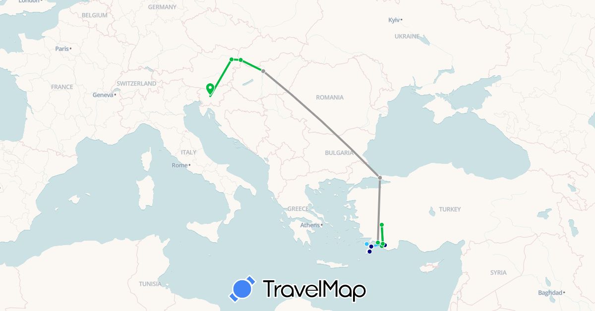 TravelMap itinerary: driving, bus, plane, boat in Austria, Greece, Hungary, Slovenia, Slovakia, Turkey (Asia, Europe)